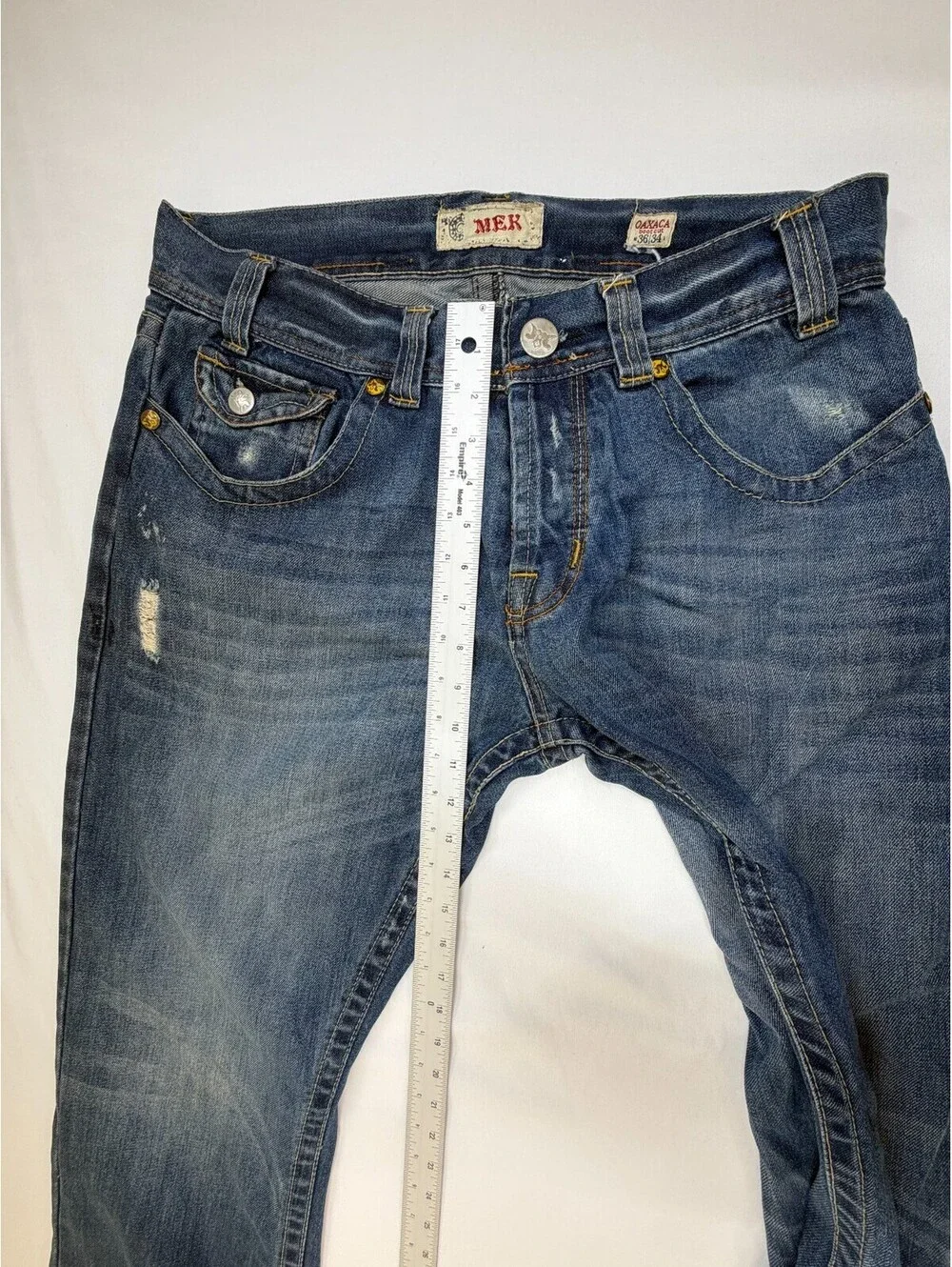 MEK DNM Men's Jeans Oaxaca Denim Bootcut Distressed Mid Rise Solid Size 36 Blue